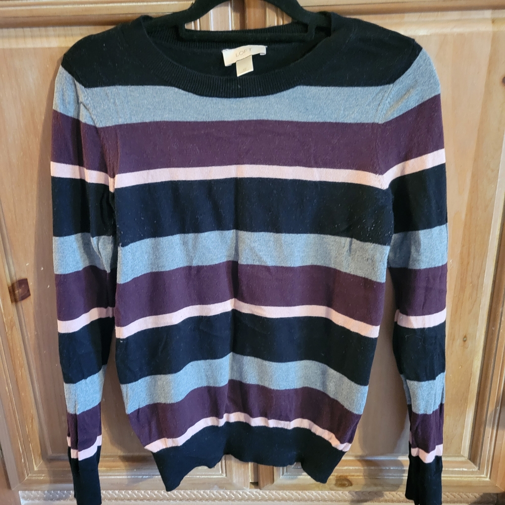 LOFT Black and Purple Crew Neck Sweater with Stripes